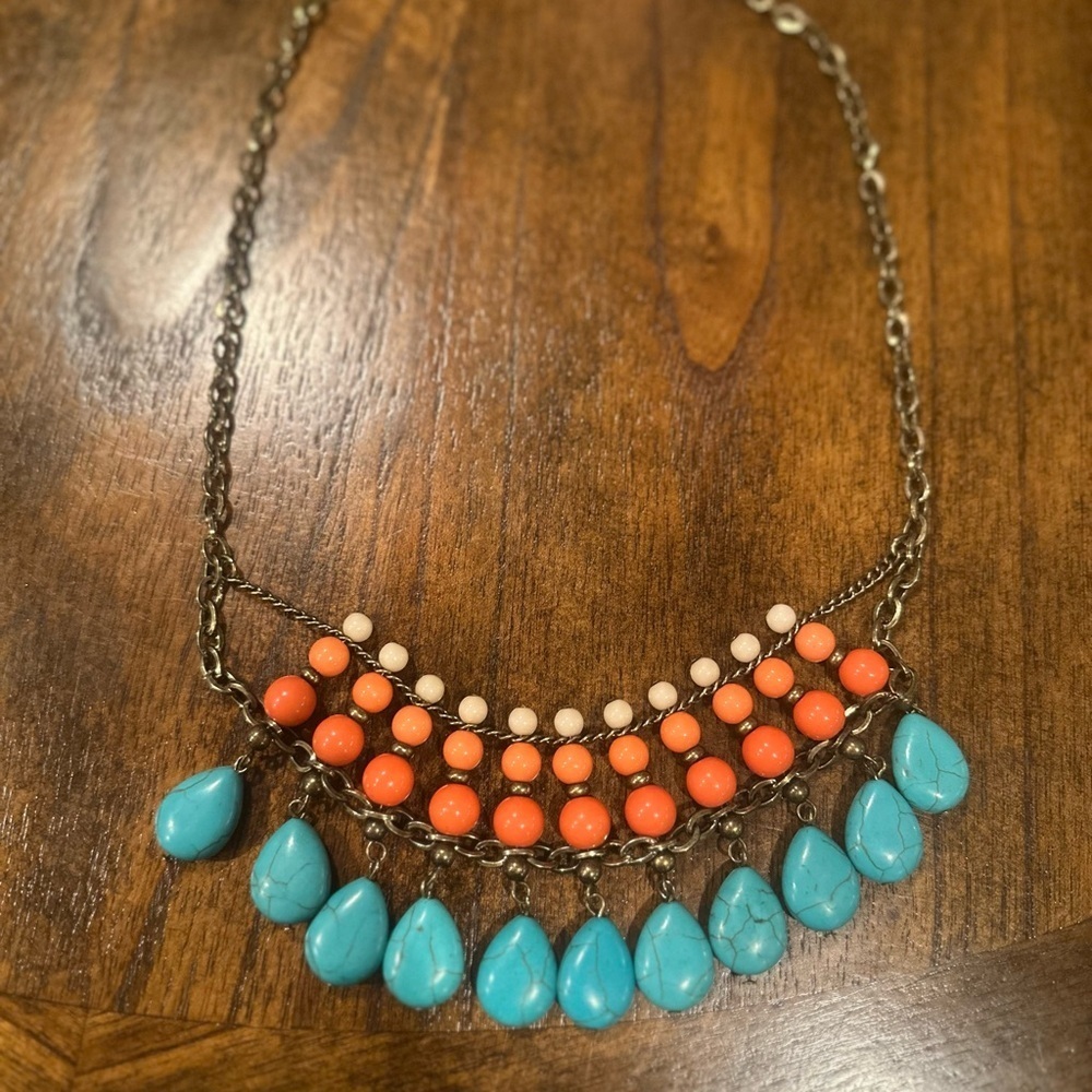 Premier Designs Turquoise and Coral Necklace Chunky Statement Necklace - Picture 4 of 5